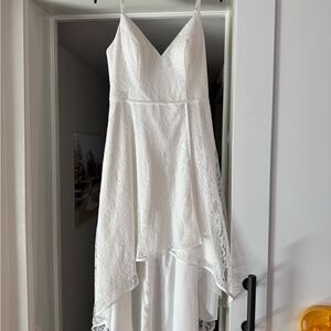 Azazie White Lace High-Low Spaghetti Strap Dress